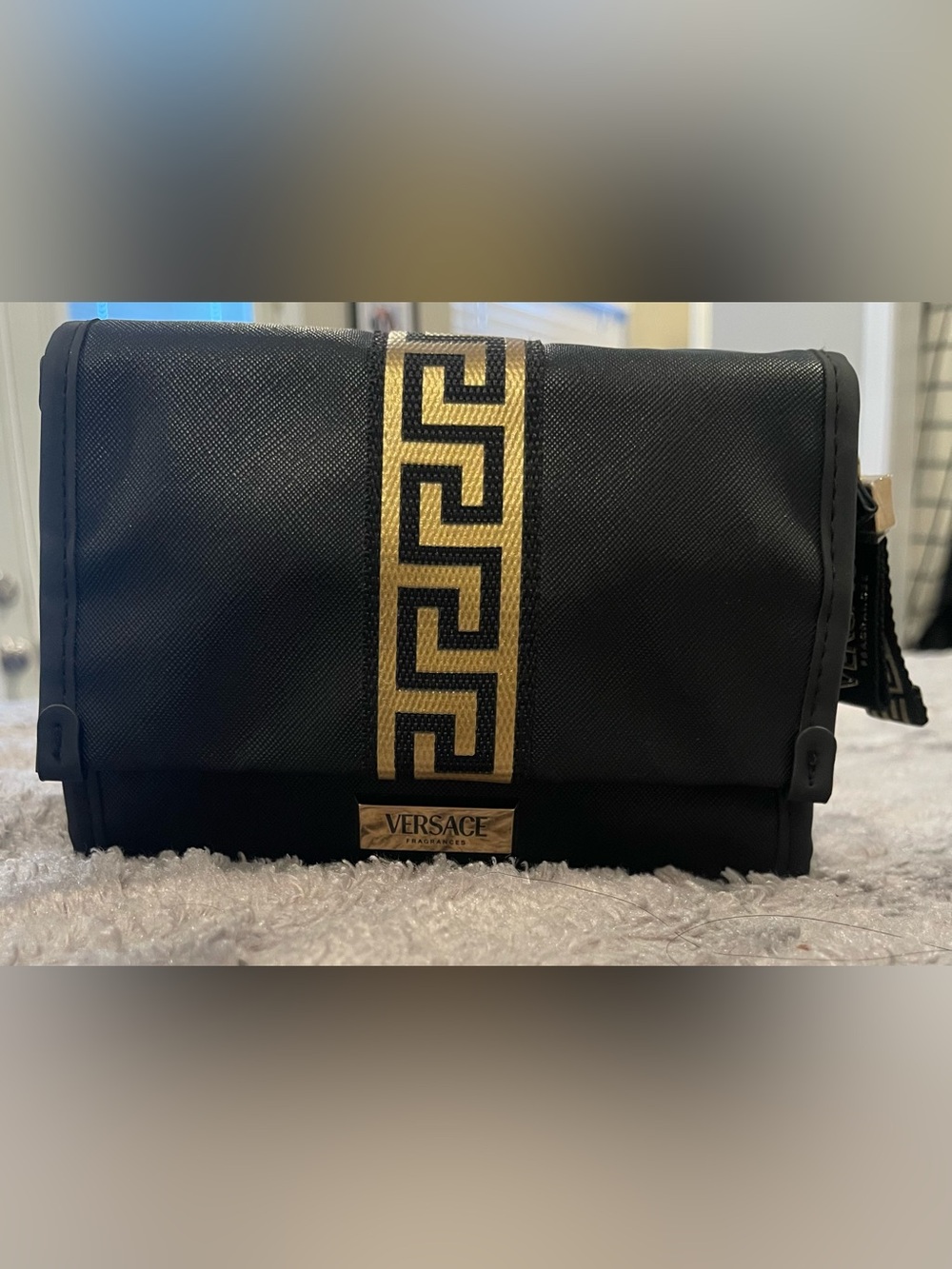 Versace Fragances Black and Gold Logo Strap Pouch